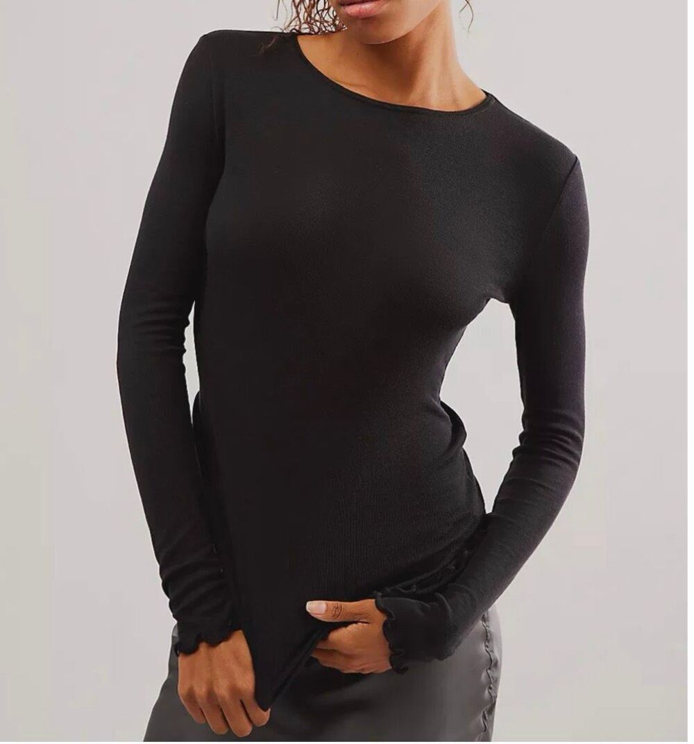 Intimately Free People Long Nights Crew Neck Layering Top Black Medium NWOT